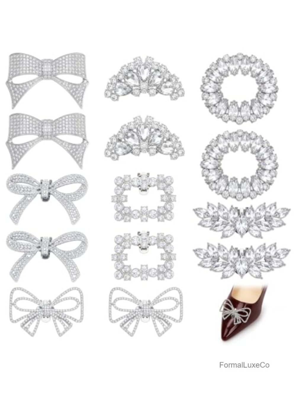 Rhinestone Bow Shoe Clips 14 Pc Set Removable Shoe Jewelry Charms